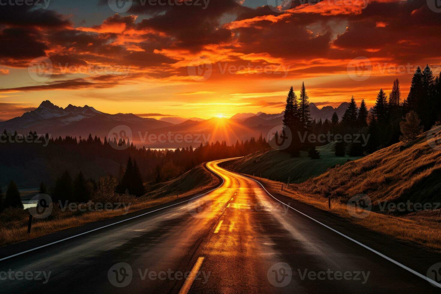 AI generated Rural road in sunset glow, beautiful sunrise image photo