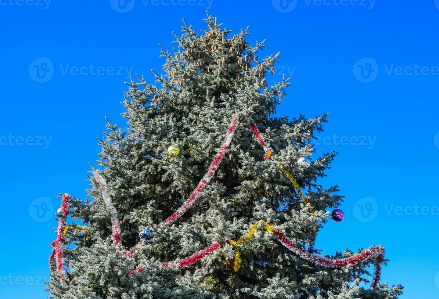 Decorations New Year tree. Tinsel and toys, balls and other decorations on the Christmas Christmas tree standing in the open air. photo