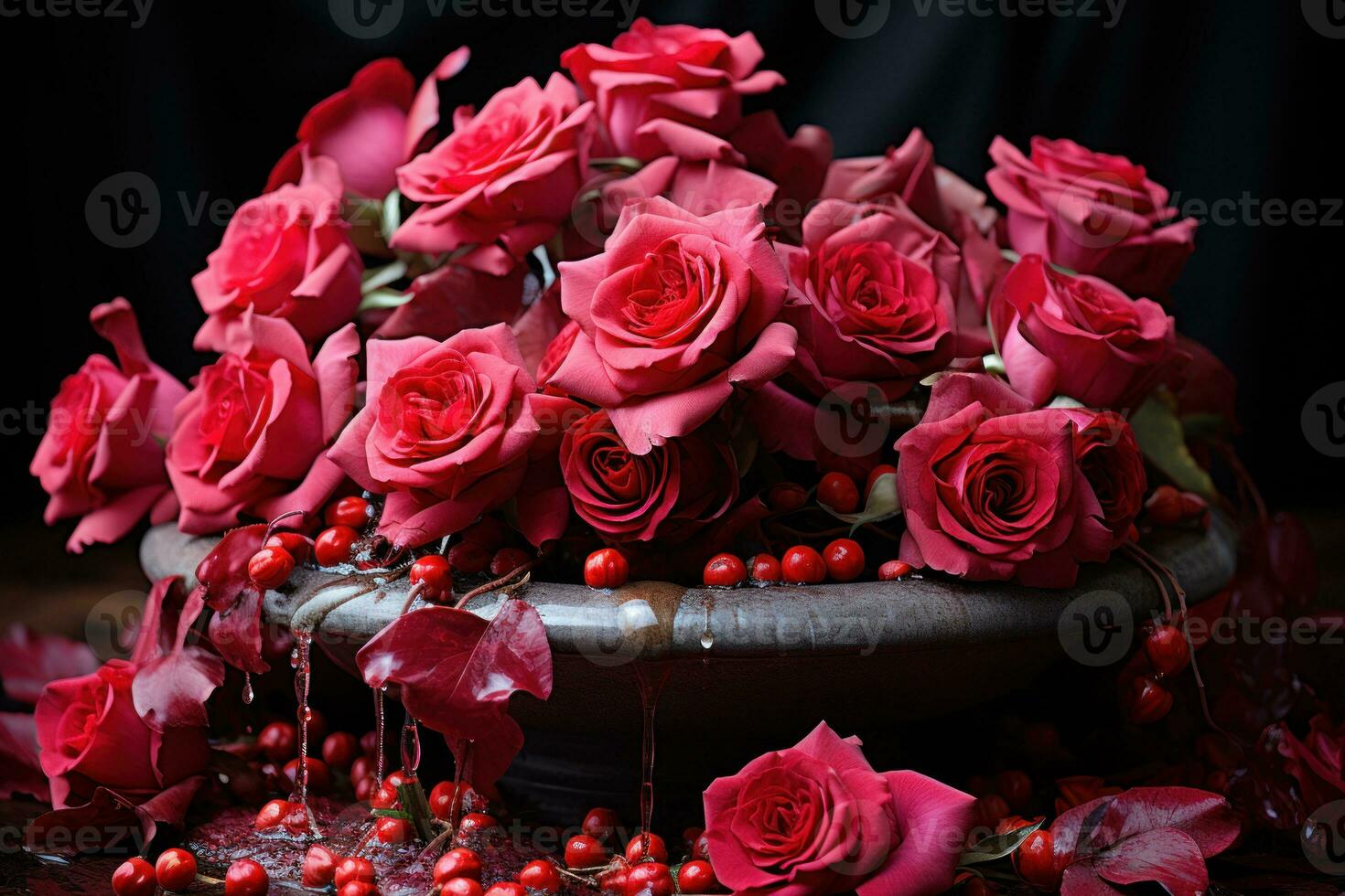 AI generated A romantic fountain embraced by a circle of passionate red roses, engagement, wedding and anniversary image photo