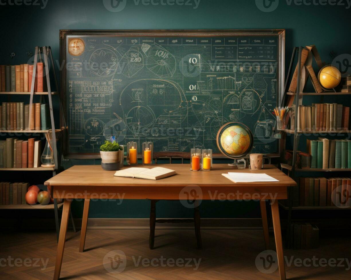 AI generated An exciting open book surrounded by pencils and a chalkboard ready for creativity, educational picture photo