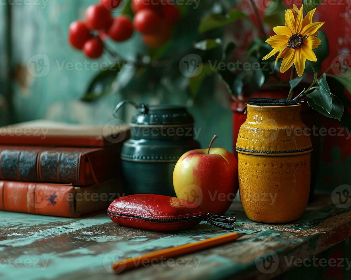 AI generated A cozy scene with a pencil case apple and furniture, diverse education and teachers day image photo