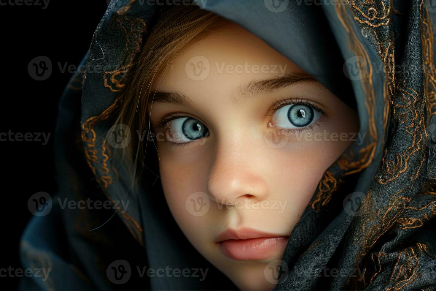 AI generated Anticipation fills the eyes of a muslim child awaiting the eid moon, islamic images photo