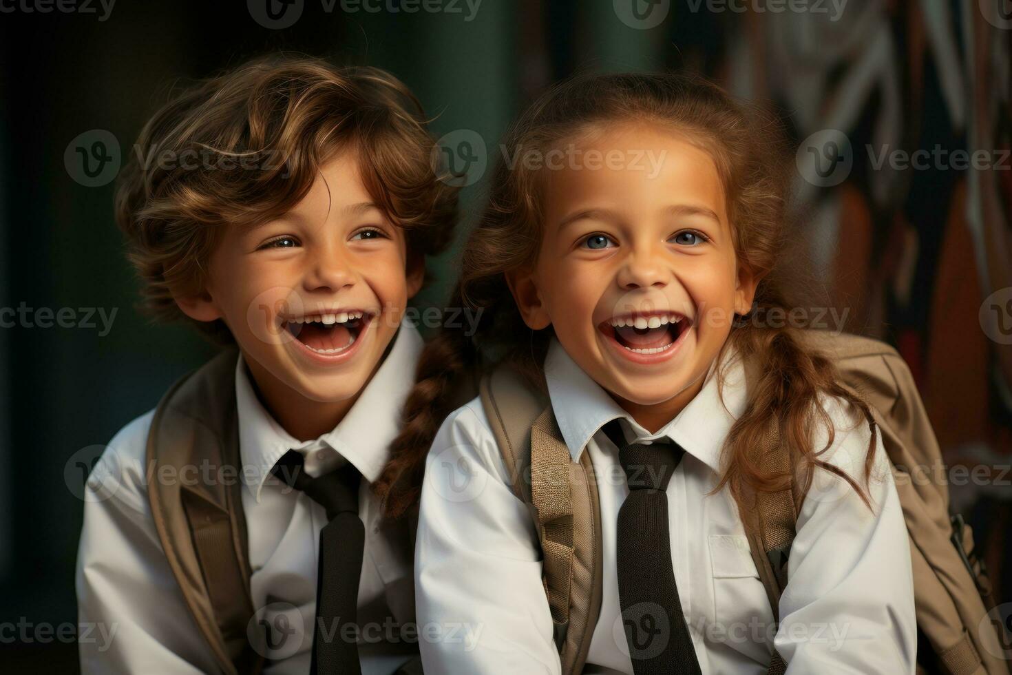 ai generado dos niños en uniforme disfrutando un juguetón momento con grande mochilas, niños jugando en colegio foto