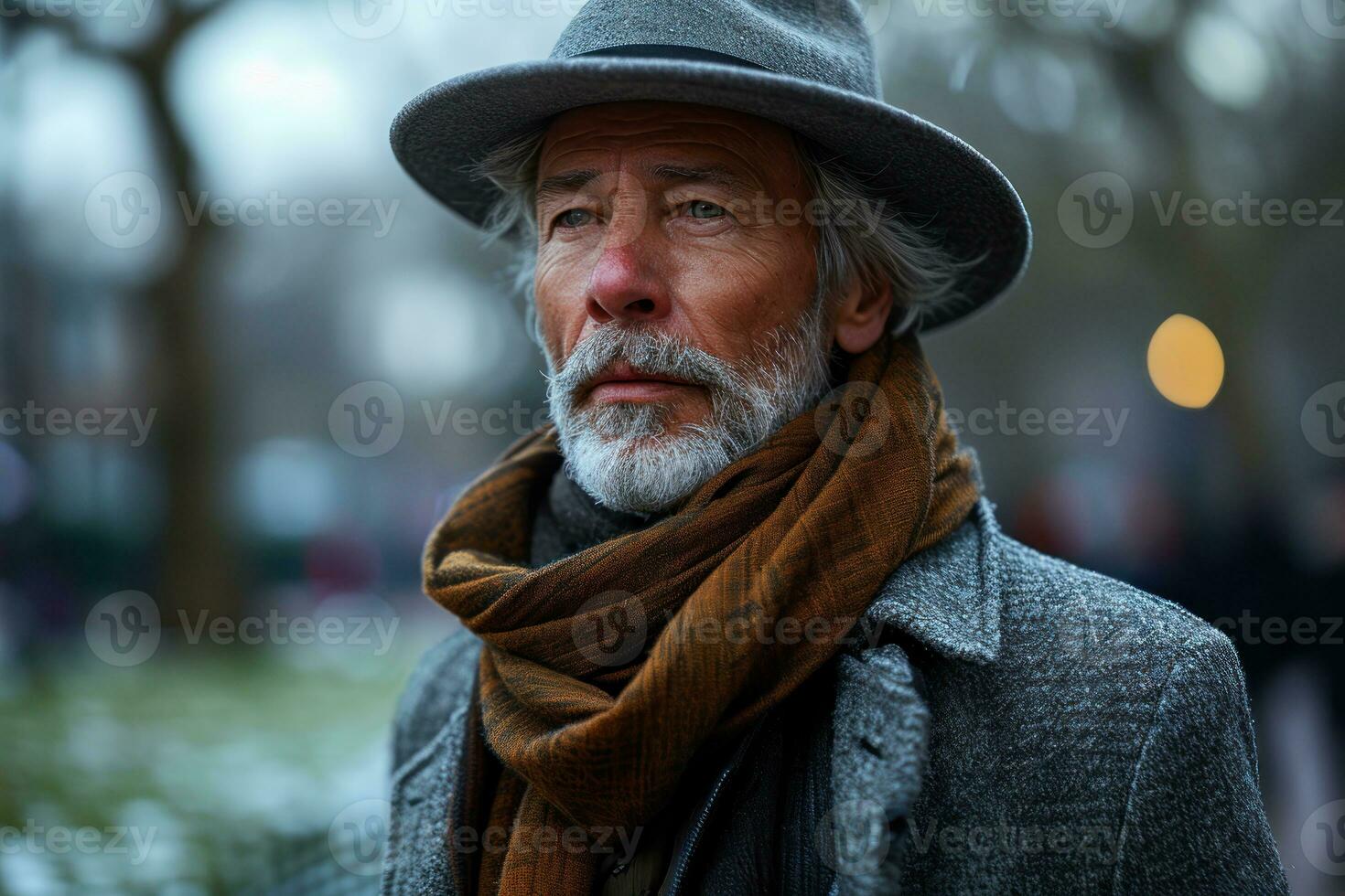 AI generated A stylish grandpa in cozy winter clothes enjoys the park in a hat and scarf, images of senior citizens photo