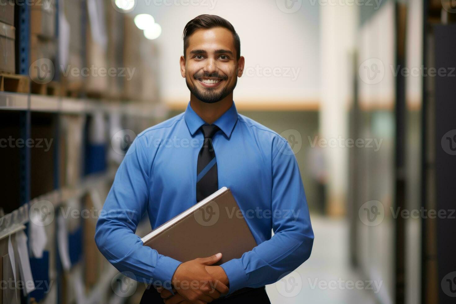 AI generated Smiling employee holds folder radiating positivity and professionalism at work, hiring image for job postings photo