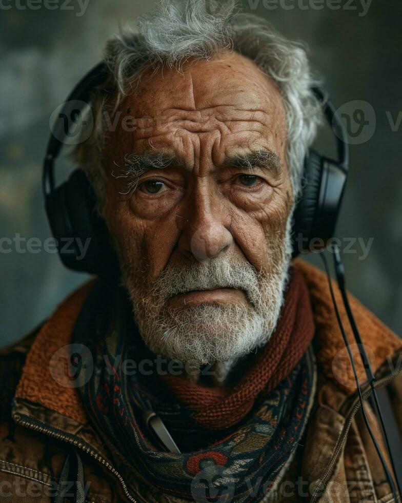 AI generated Happy older man relaxing with headphone, images of senior citizens photo