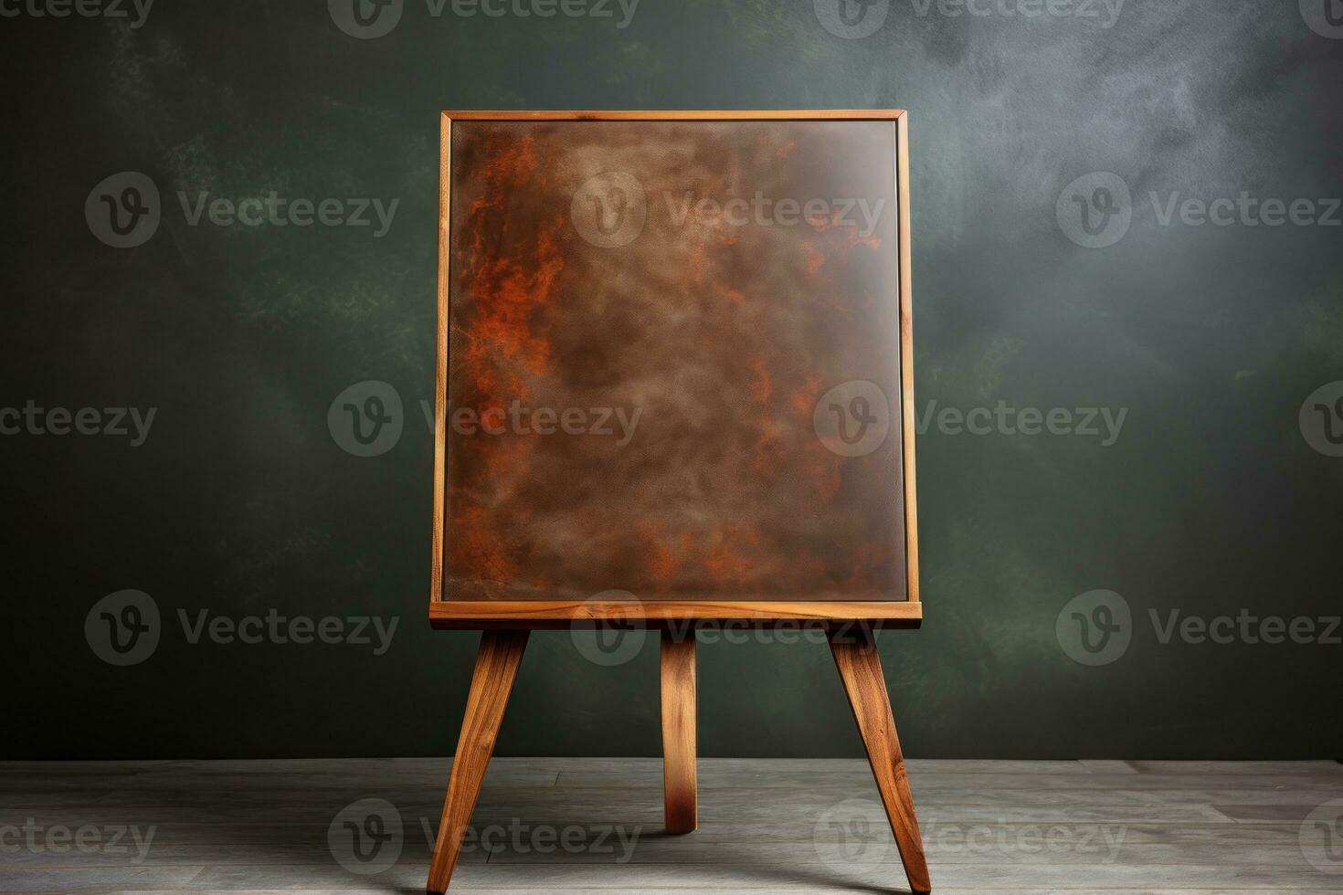 AI generated A rustic chalkboard on a wooden stand against a cool grey wall, educational photo