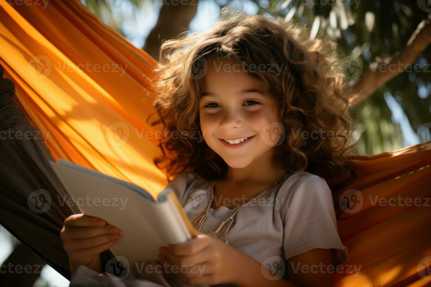 AI generated Escaping into a good book while swaying in a hammock between palms, beautiful book images photo