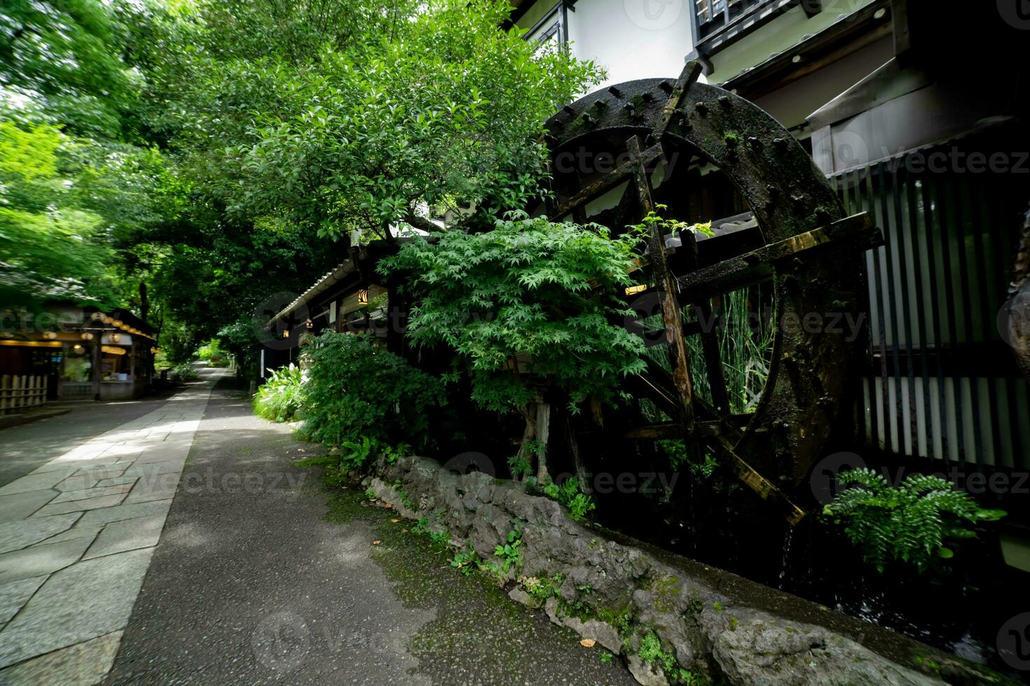 A historic wooden wheel on the water surface in Tokyo wide shot photo