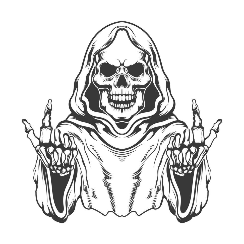 Spooky grim reaper with middle finger showe smile skull  face vector design