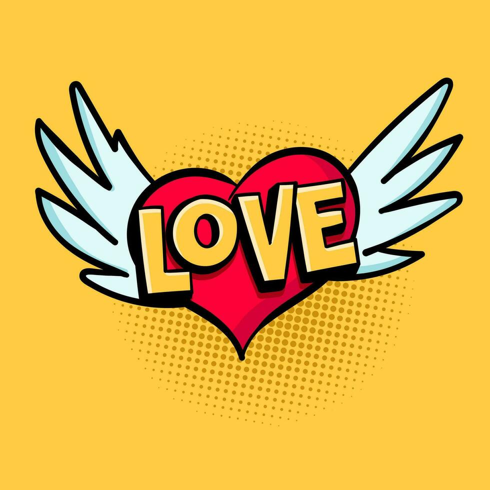 Flying heart vector illustration. Heart with wings and love text. Suitable for love expression and valentine day greeting.