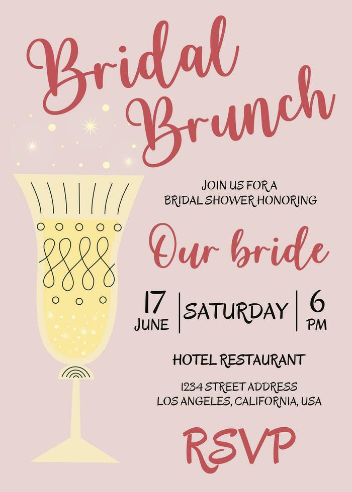 Brunch and bridal. Bridal shower invitation with glasses of champagne on pink background. Bachelorette party invitation template. Vector illustration. Bubble brunch.