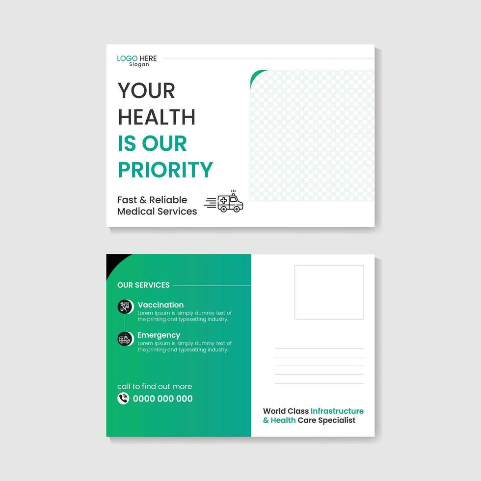 professional medical post card design template, the best healthcare medical post card template. vector