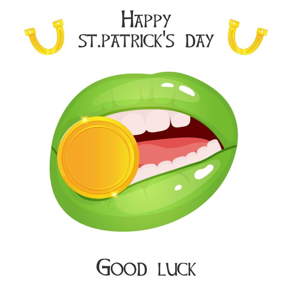 Saint Patrick day greeting card with lips holding golden coin vector
