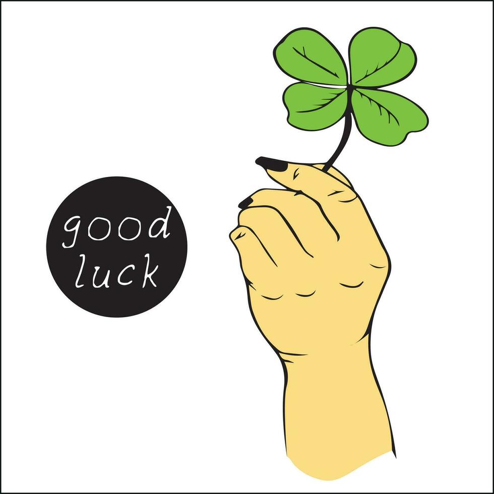 Female holding green four-leaf clover, close-up. Have  good day. Turn green. hand holds a clover leaf for good luck. vector