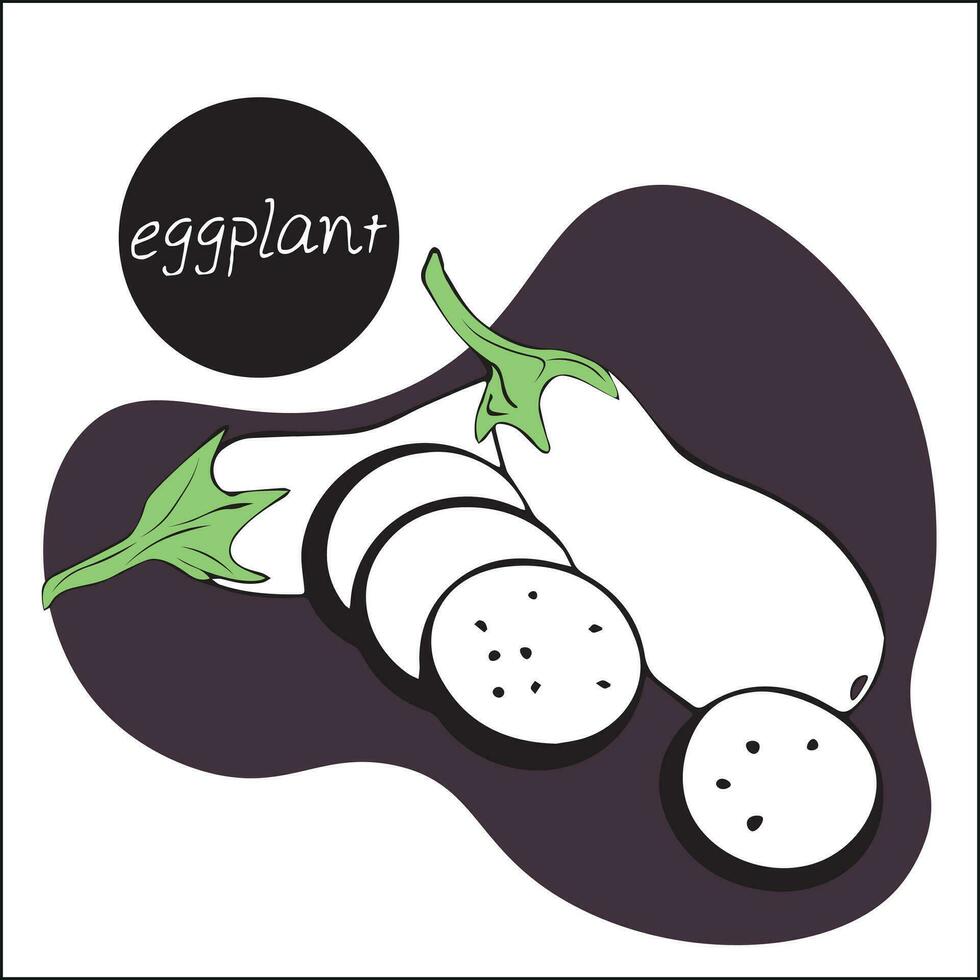 Two whole eggplants and slices of round vegetables are sliced in a doodle style. vector