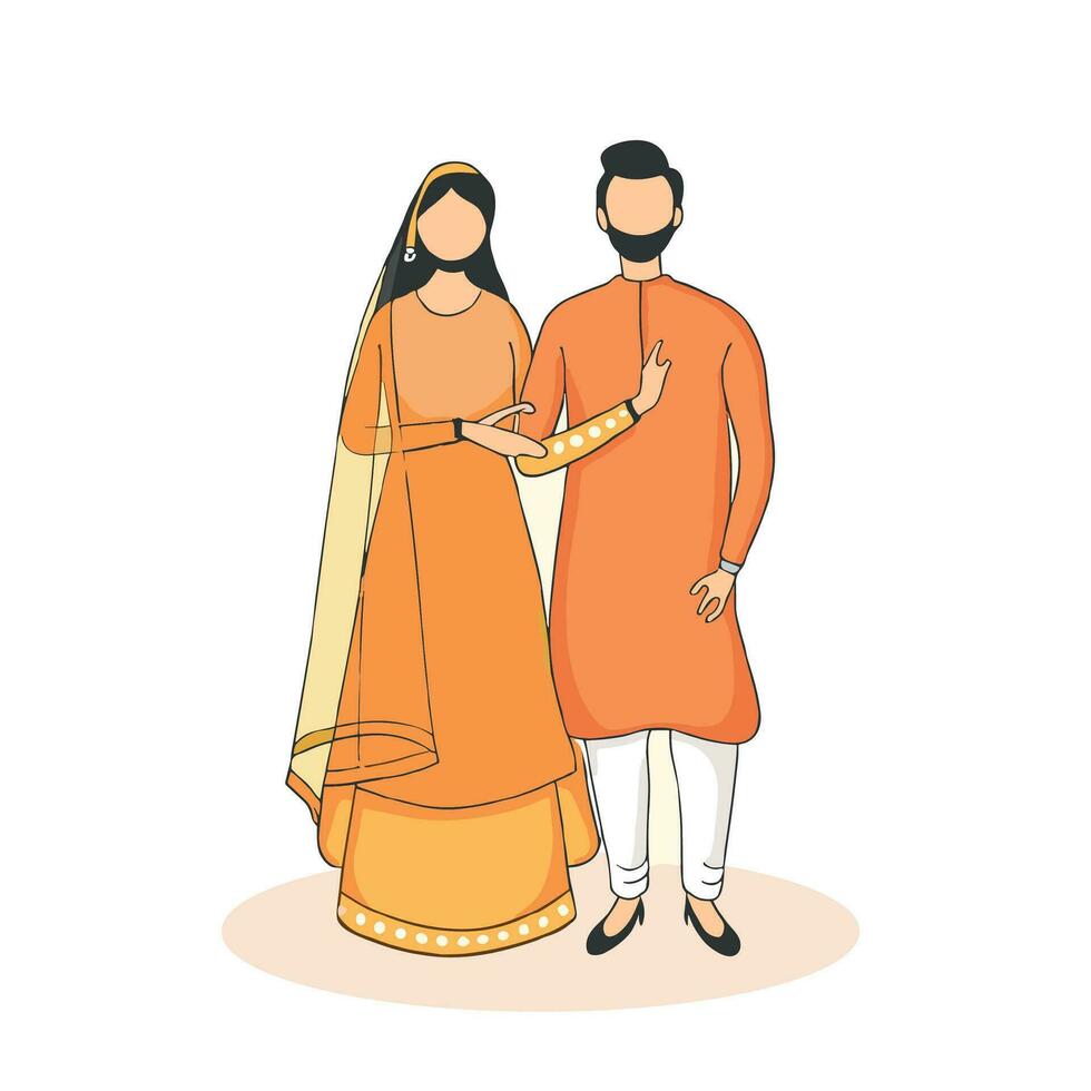 Indian couple cartoon in traditional dress posing for mehndi ceremony invitation card design vector