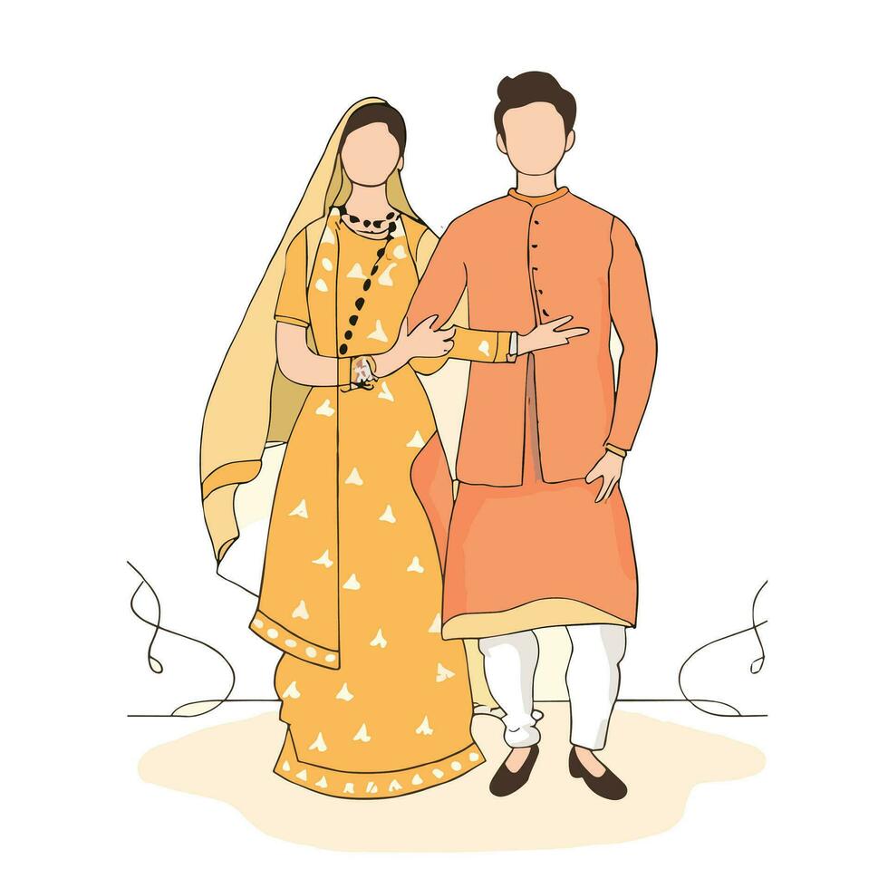 Indian couple cartoon in traditional dress posing for mehndi ceremony invitation card design vector