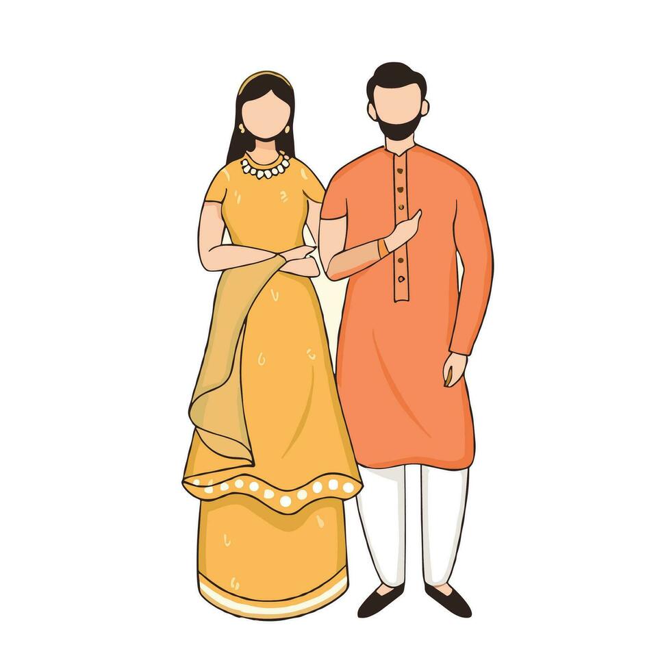 Indian couple cartoon in traditional dress posing for mehndi ceremony invitation card design vector