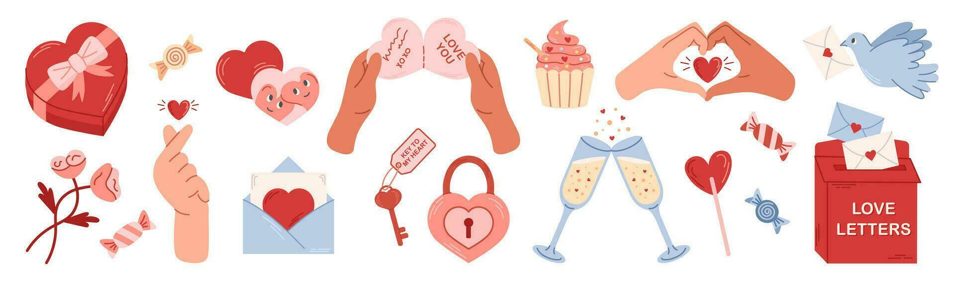 Valentines Day elements big set. Romantic objects for stickers, greeting cards. Flat vector illustration.