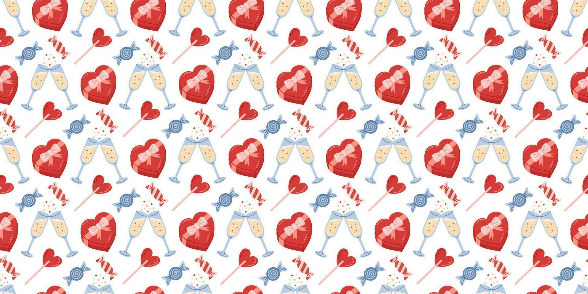 Valentines day seamless pattern. Love sweets, candies, champagne. Flat vector illustration.