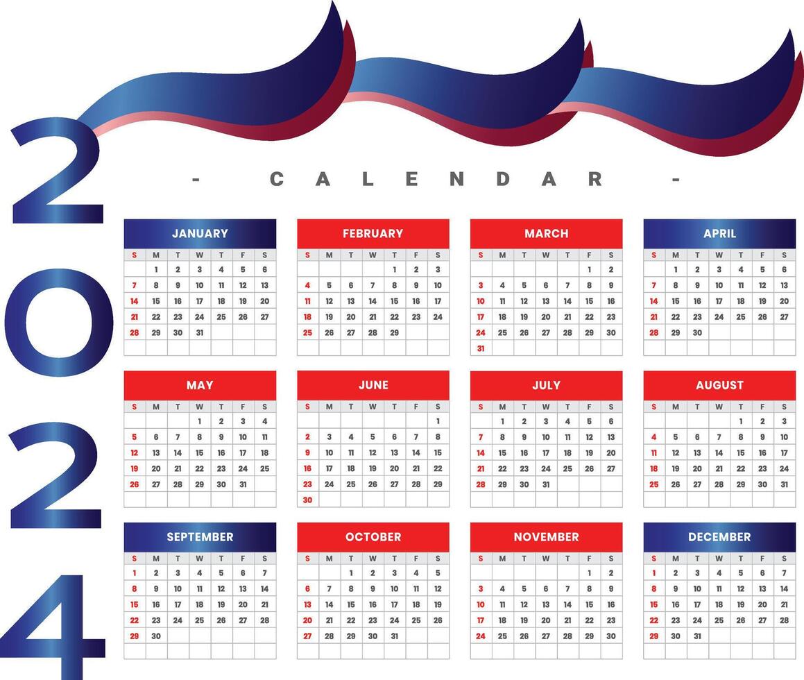 creativo y vistoso 2024 nuevo año Inglés calendario modelo vector