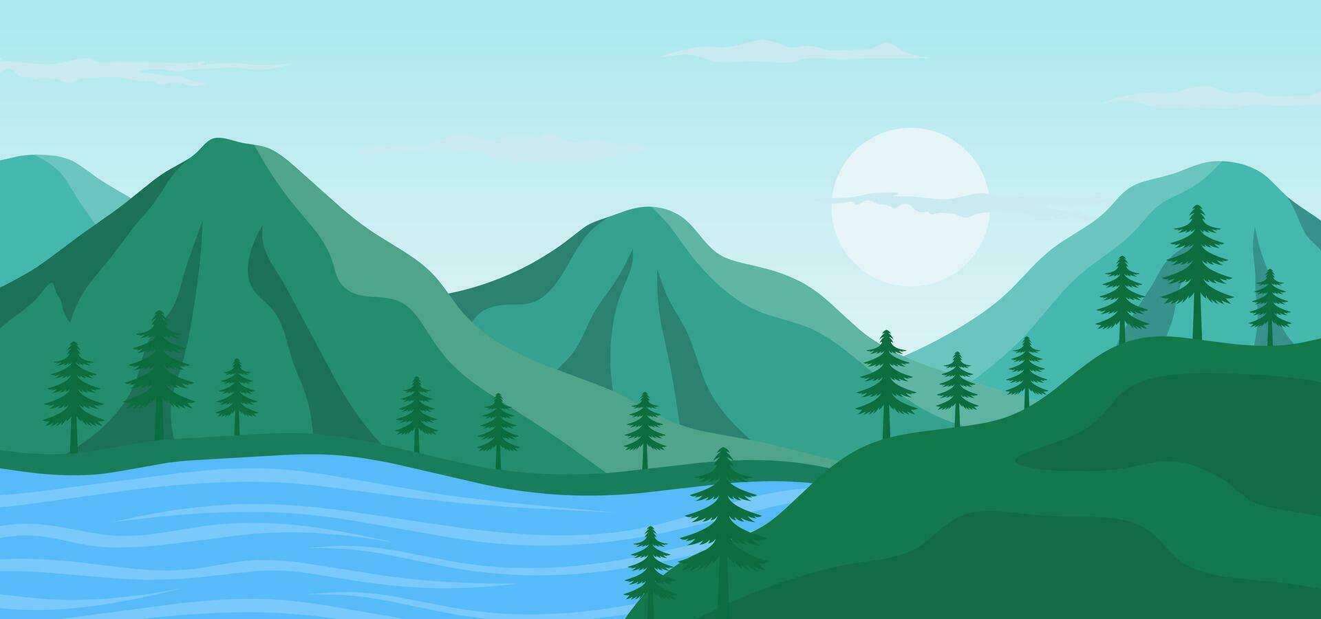 Beautiful lanscape with green valley, river and mountains vector