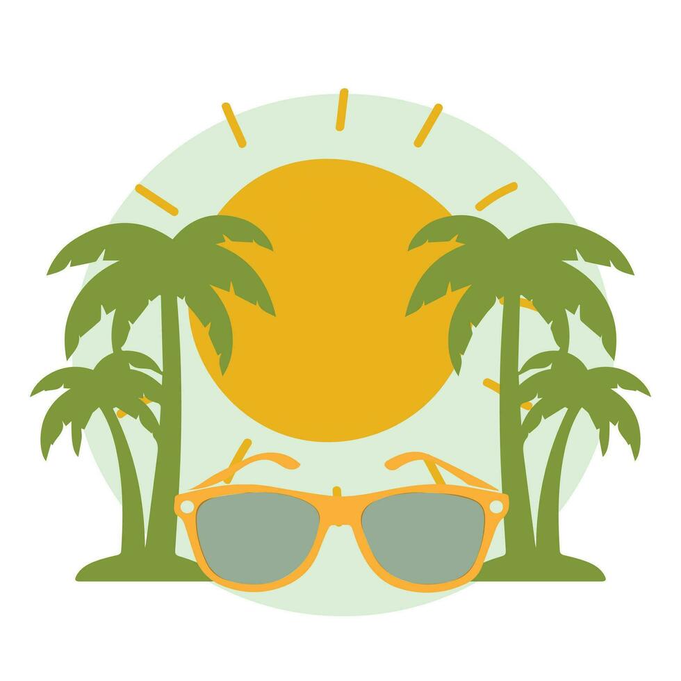 Summer holiday beach vacation theme podium with summer set beach elements.  vector illustration travel themed vector background tropical beach. with palm trees, turquoise waters, and sun loungers.