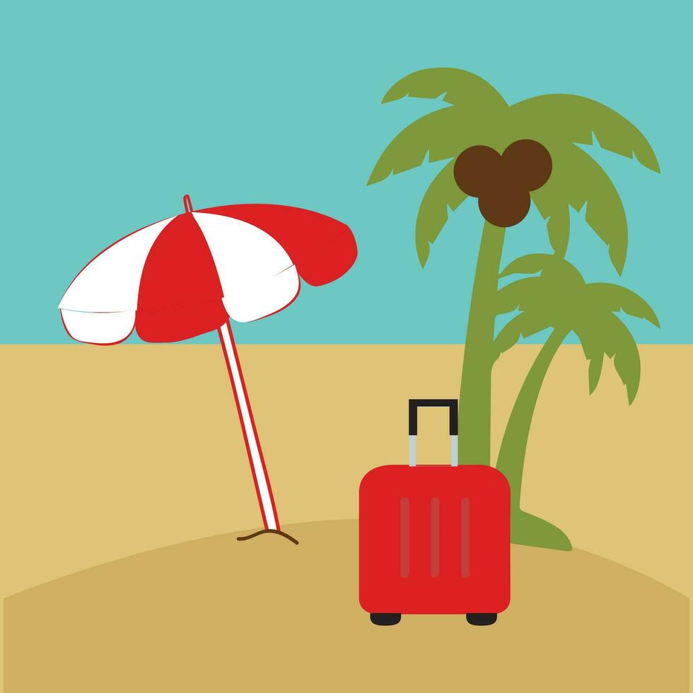 verano fiesta playa vacaciones tema podio con verano conjunto playa elementos. vector ilustración viaje temática vector antecedentes tropical playa. con palma árboles, turquesa aguas, y Dom tumbonas