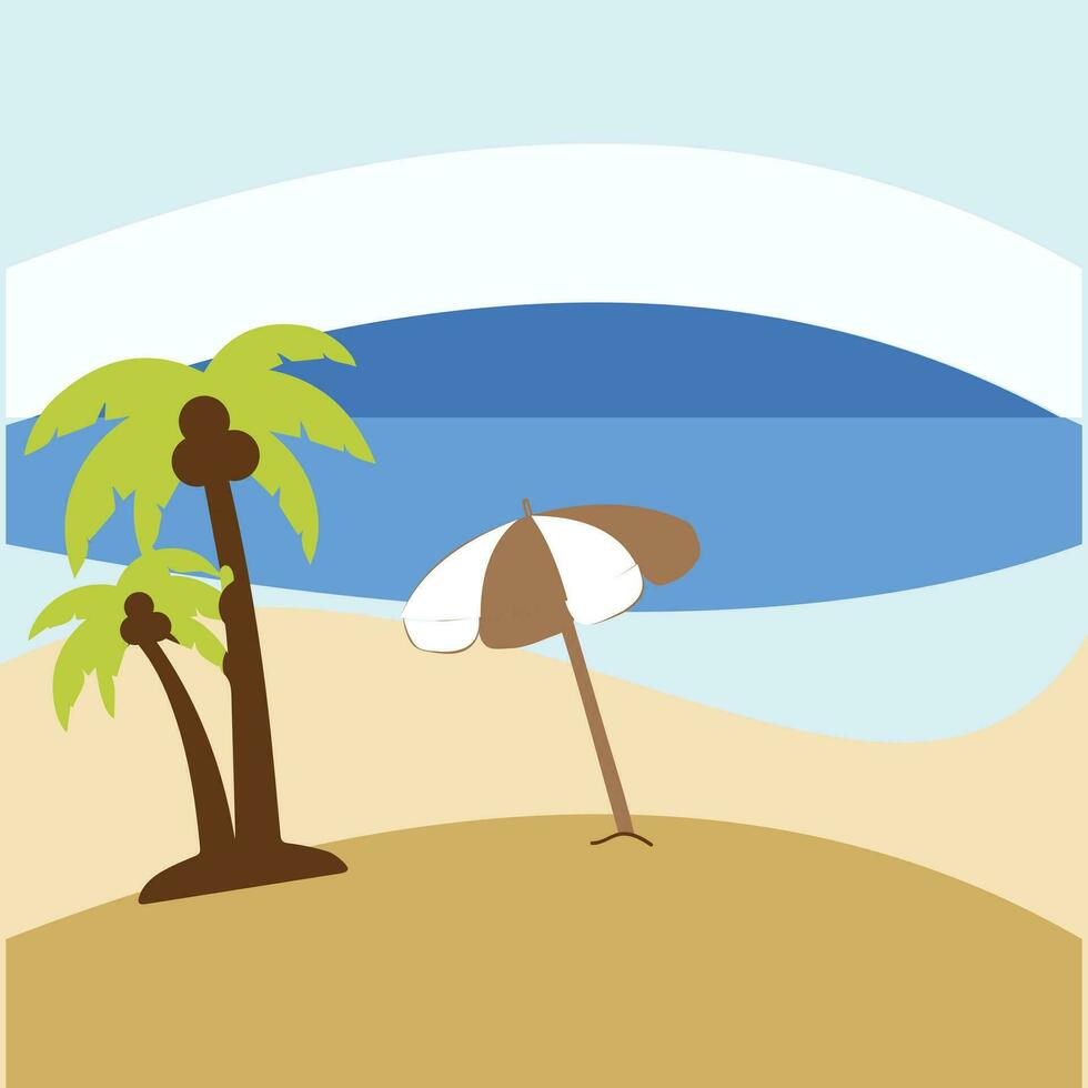 Summer holiday beach vacation theme podium with summer set beach elements.  vector illustration travel themed vector background tropical beach. with palm trees, turquoise waters, and sun loungers.