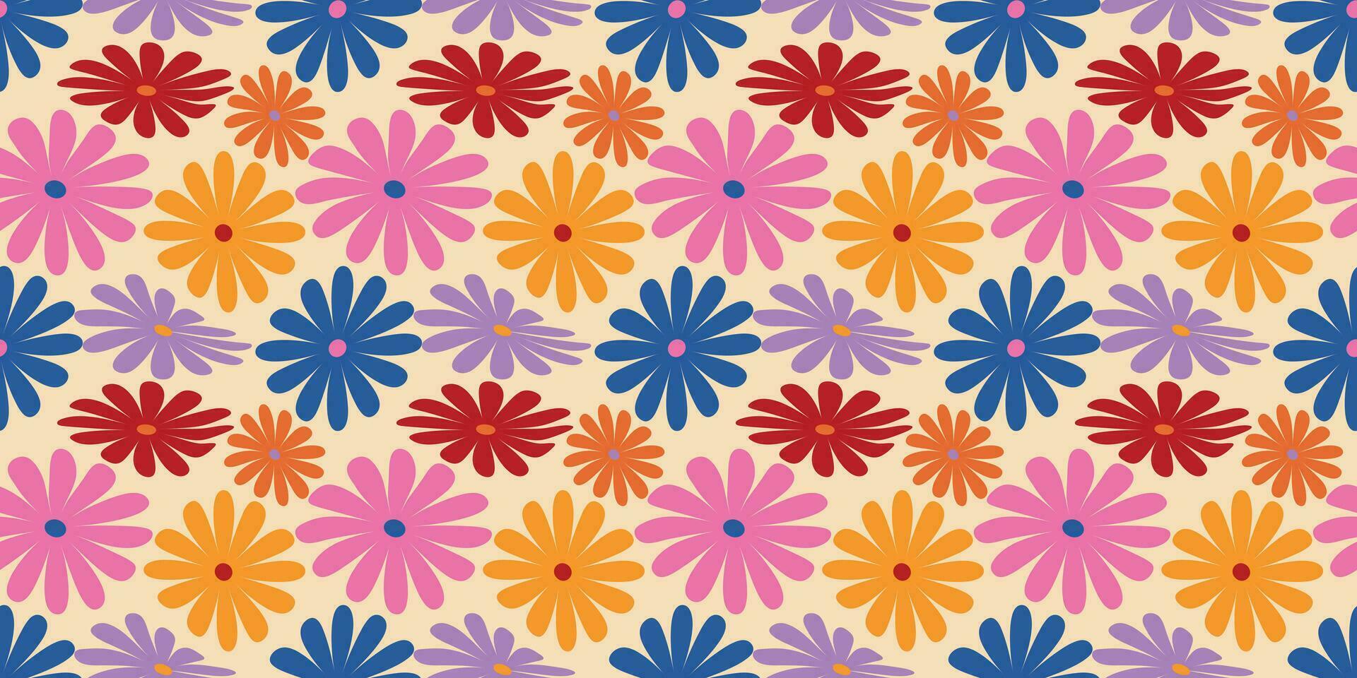 Groovy Daisy Flowers Seamless Pattern. Floral Vector Background in 1970s Hippie Retro Style for Print on Textile, Wrapping Paper, Web Design and Social Media