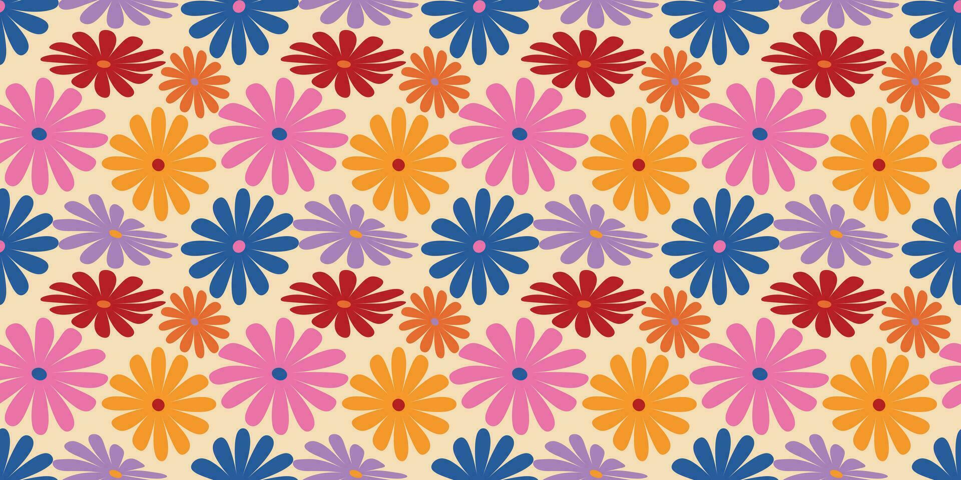 Groovy Daisy Flowers Seamless Pattern. Floral Vector Background in 1970s Hippie Retro Style for Print on Textile, Wrapping Paper, Web Design and Social Media