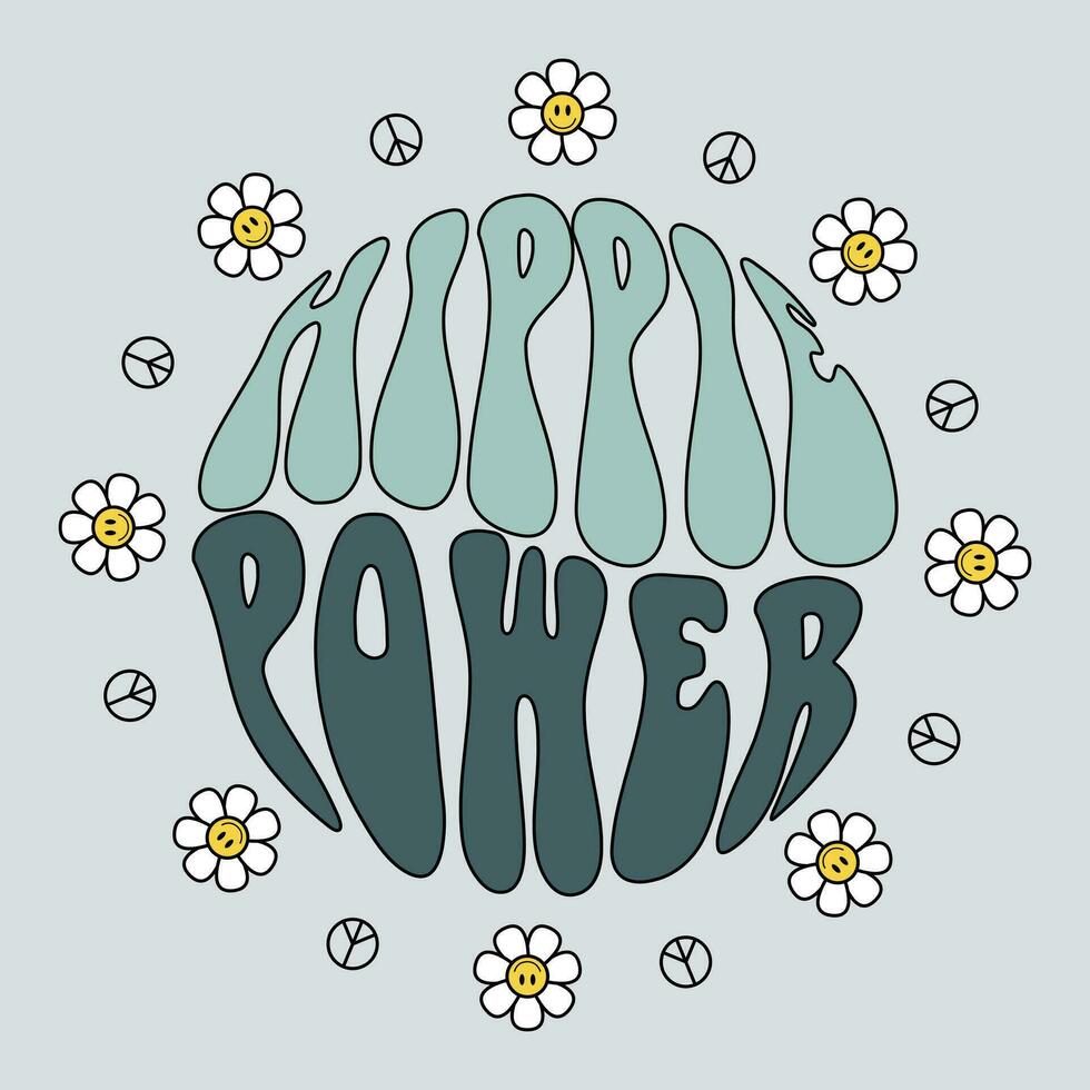 60s 70s retro groovy hippie power slogan print with vintage daisy flowers. Vector illustration