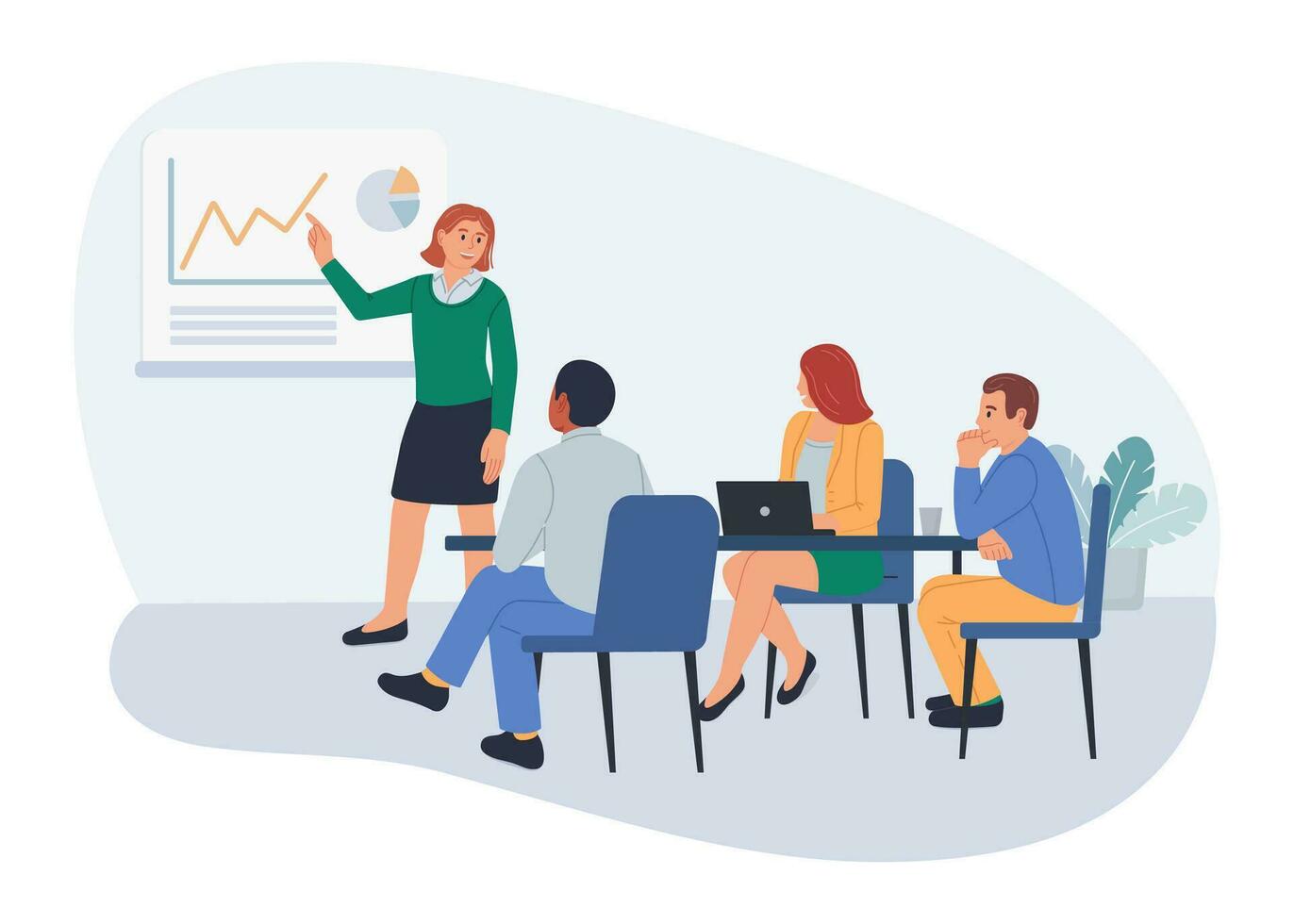 business presentation, team communication, people working together, girl showing a project, meeting, flat style vector illustration