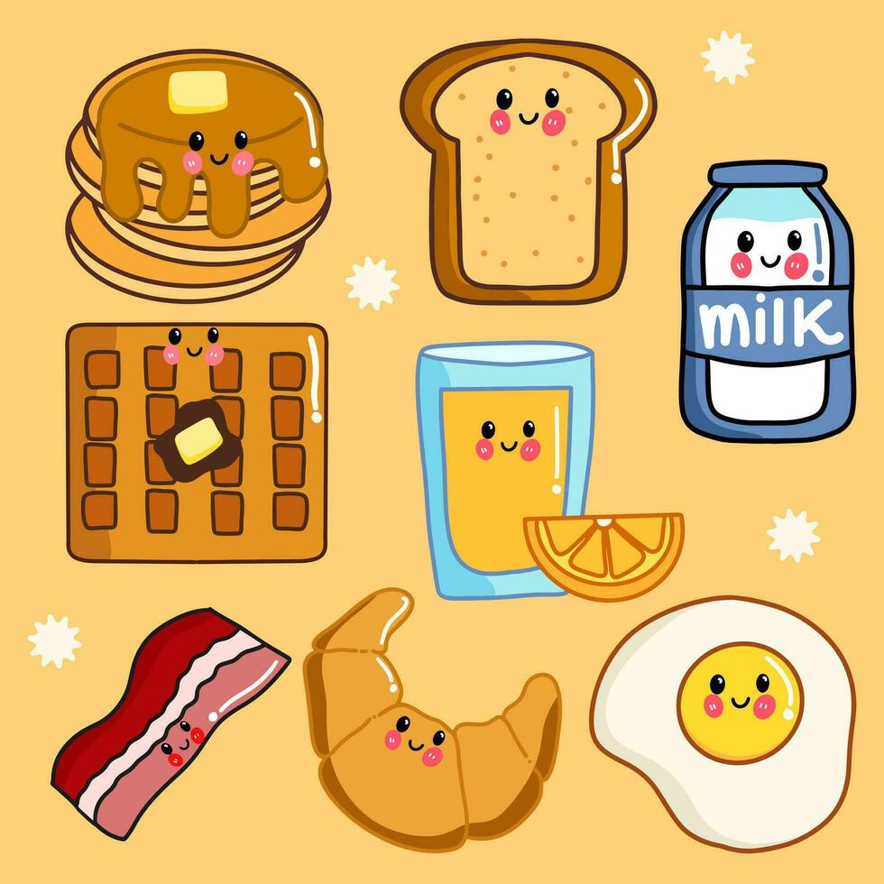 Hand-drawn Cute breakfast food collection vector