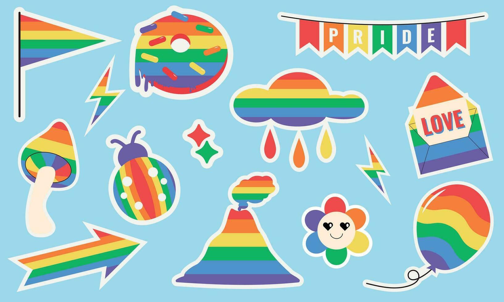 Gay lgbt community pride stickers on a blue background. LGBT set in cartoon style. A symbol of the proud LGBT community. vector