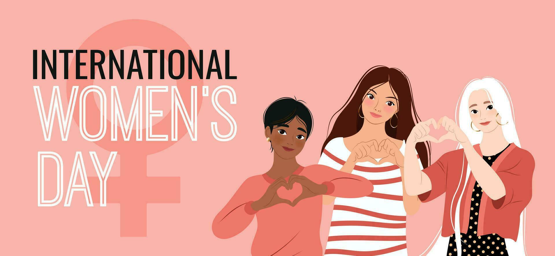 International Women's Day banner with young different ethnicity women showing sign of heart with their hands. 8 March. Vector design for poster, campaign, social media post.