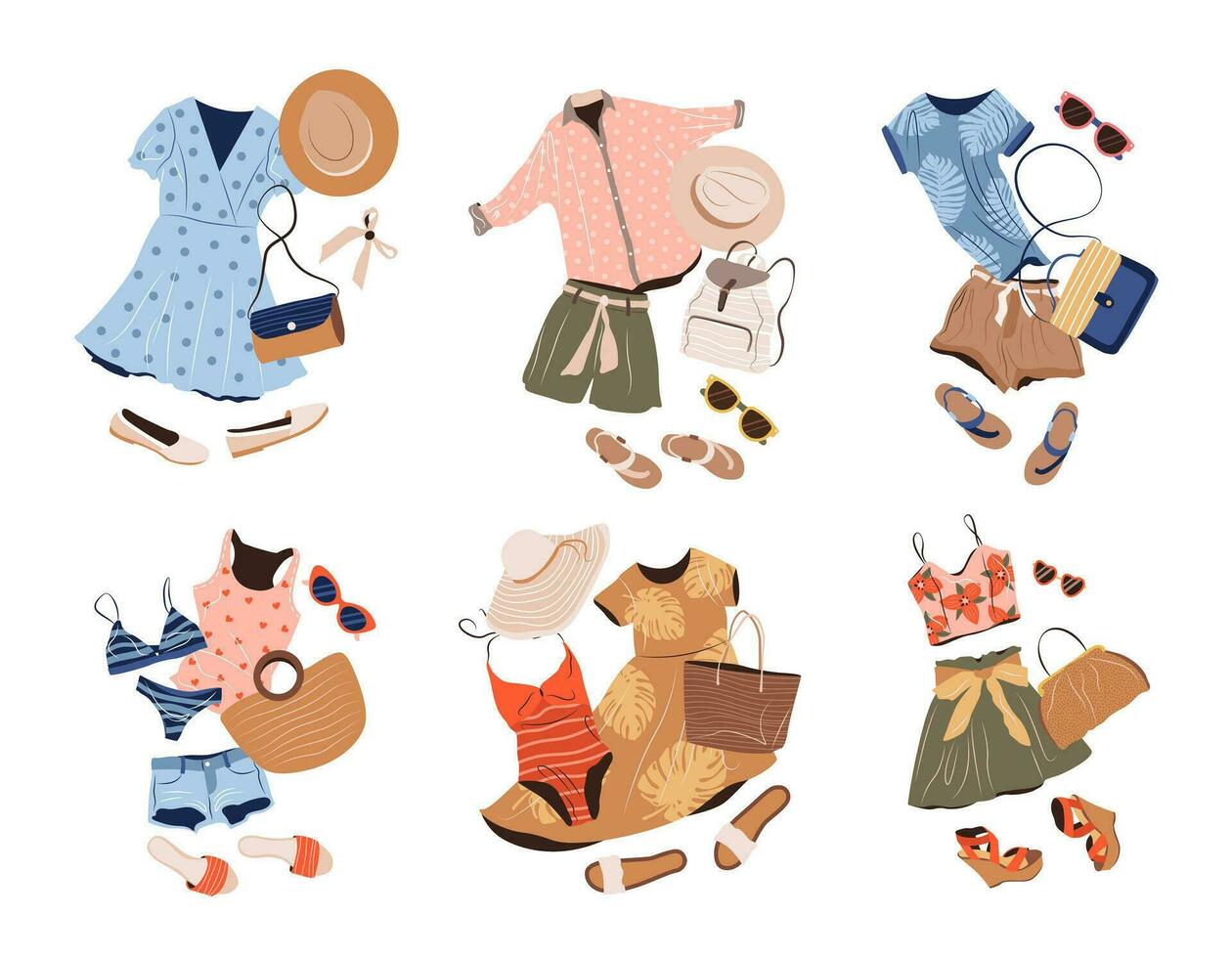 Outfits set in casual style for women. Fashion clothing, accessories, swimwear, shoes for spring, summer and vacation. isolated flat vector illustrations on background