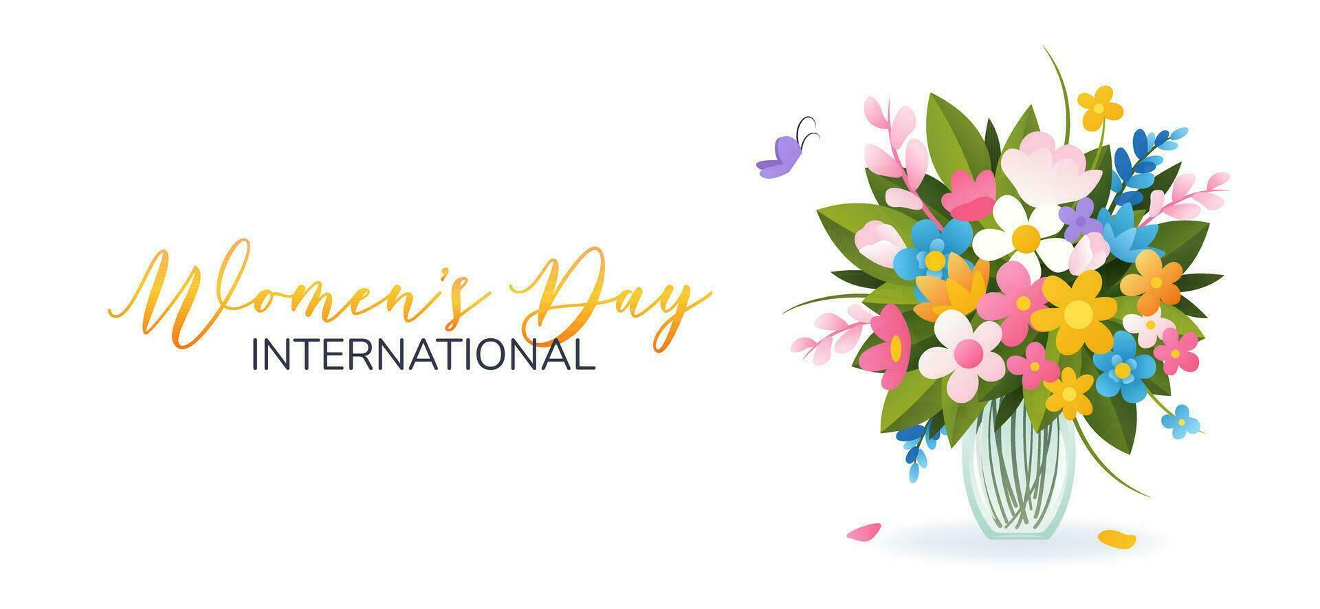 International Women's Day. 8 March. Banner with isolated vase and bouquet of various spring flowers on white background. Modern vector design for poster, campaign, social media post.