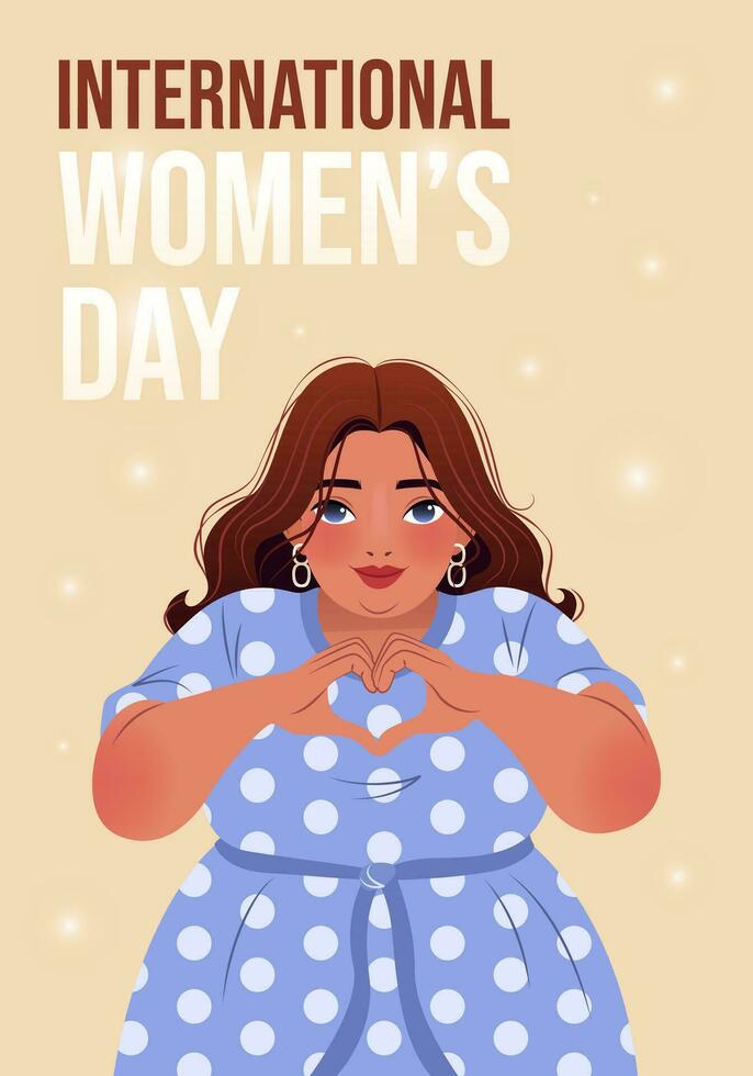 International Women's Day. 8 March. Poster with beautiful woman showing sign of heart. Inspire inclusion. Modern vector design for poster, campaign, social media post.