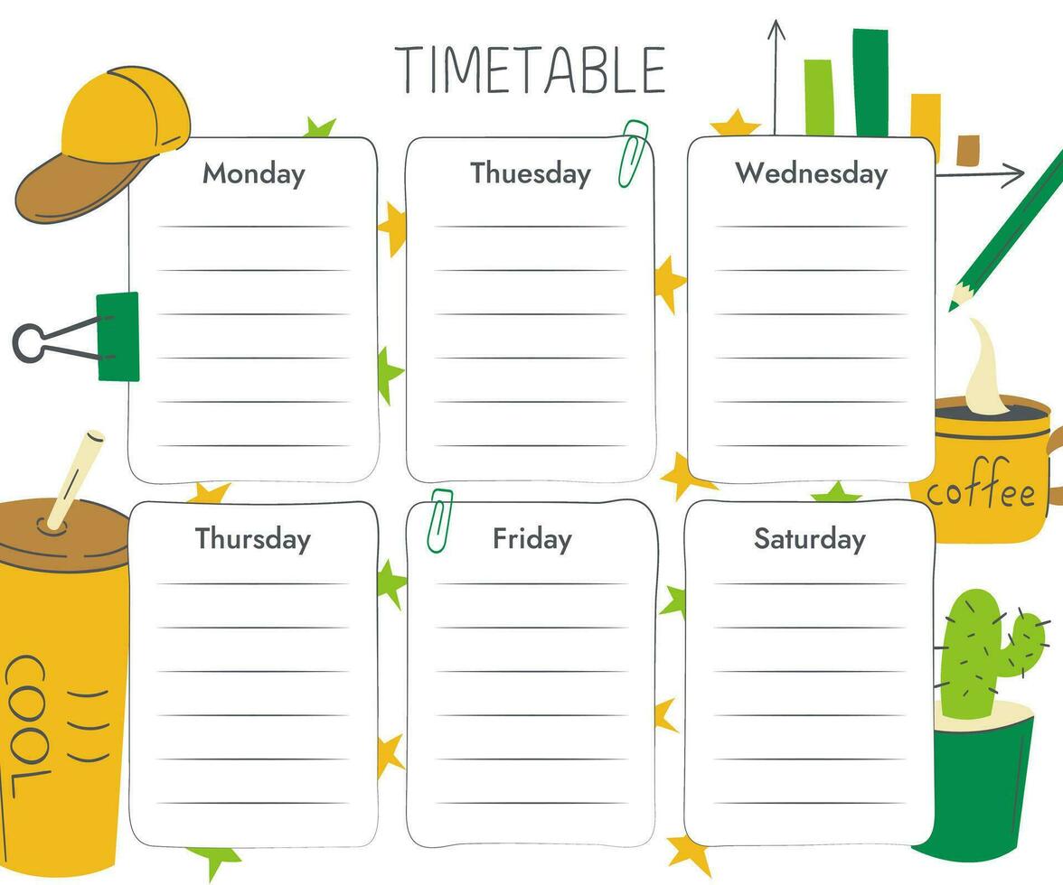 Class timetable template for students. Learning objects - graphics, stationery, coffee. Vector illustration