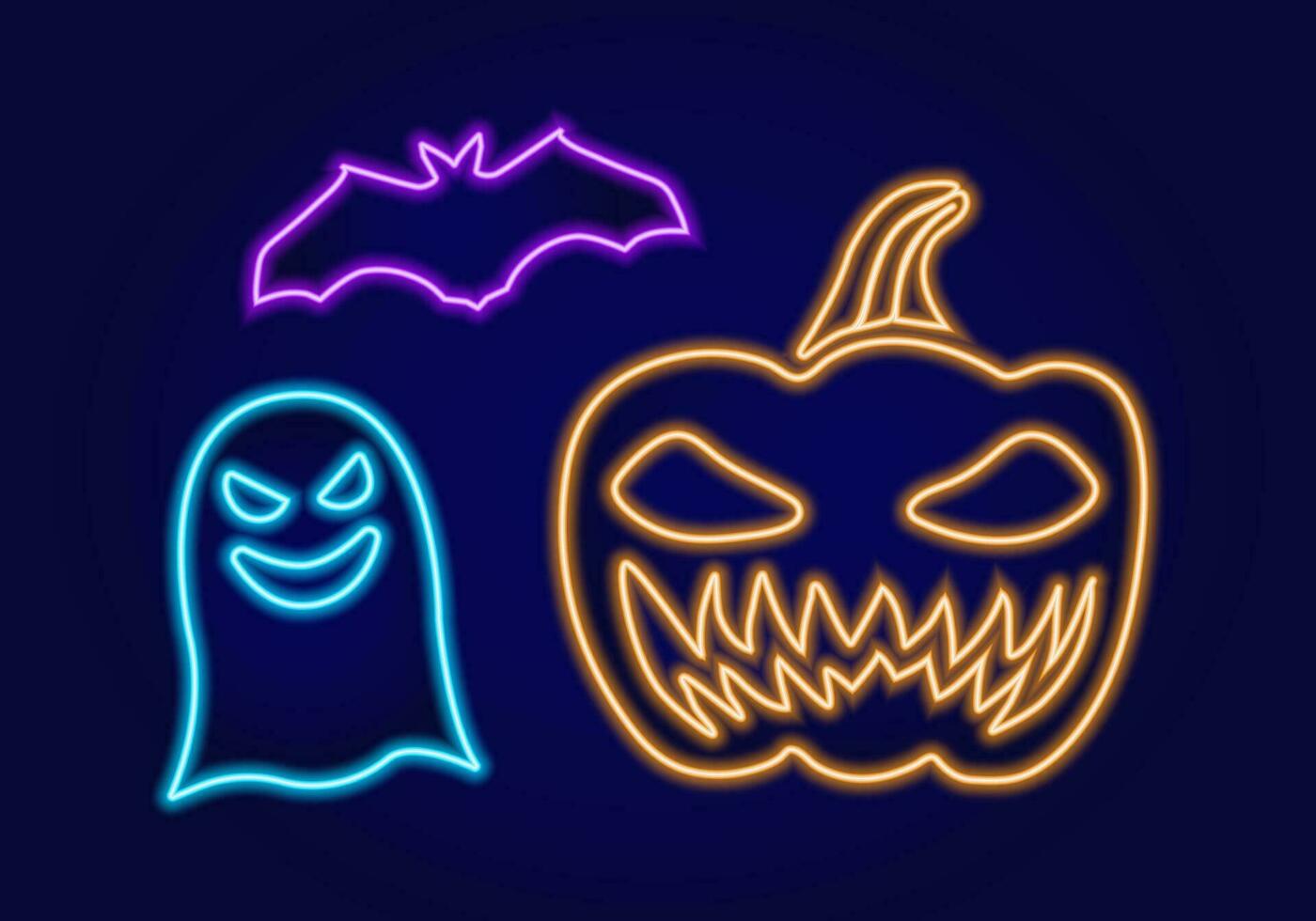 Collection of Halloween symbolism. Neon ghost, bat and pumpkin. Neon lines vector