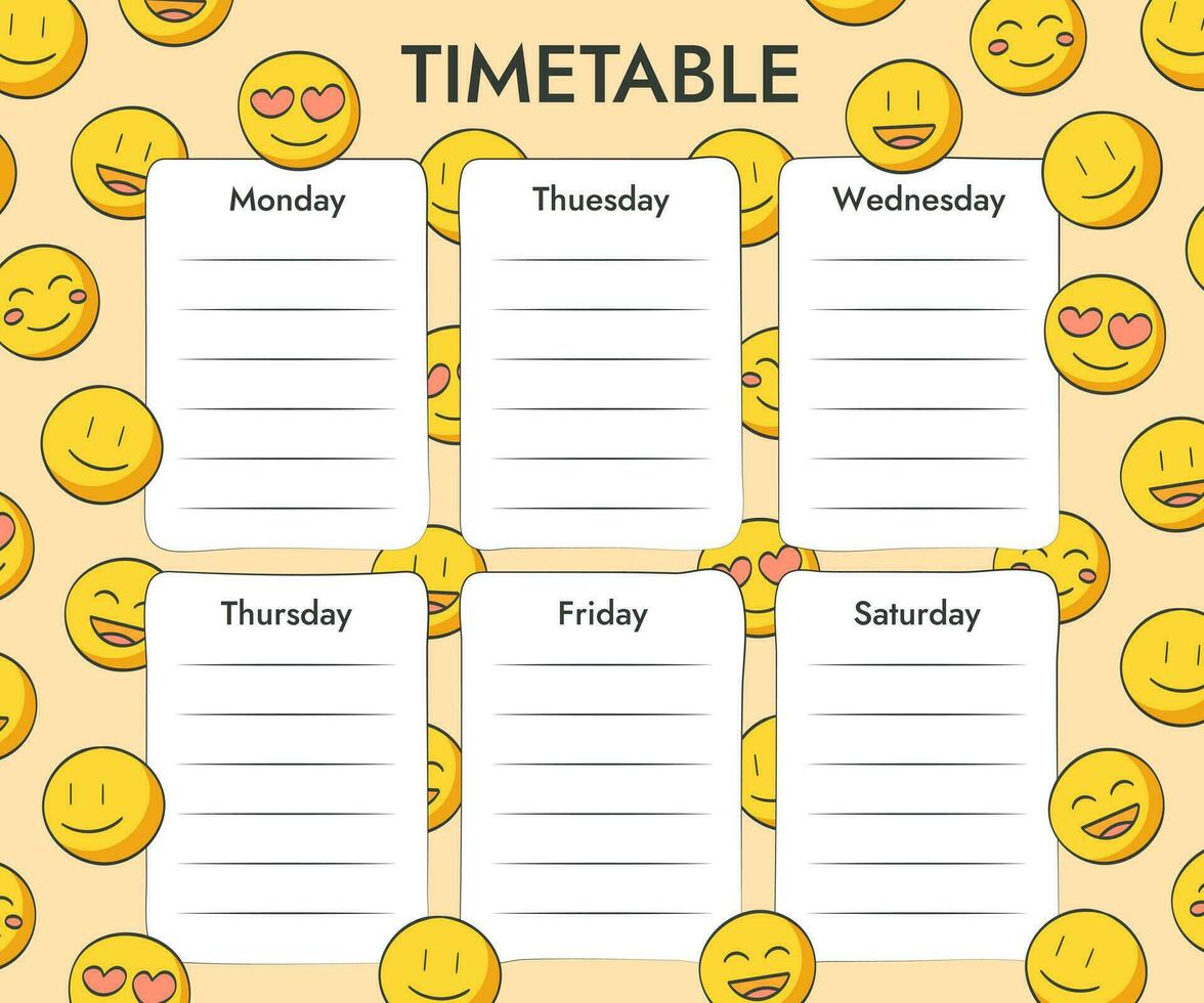 Weekly class schedule template for study or work with yellow smiling emoji. Vector illustration