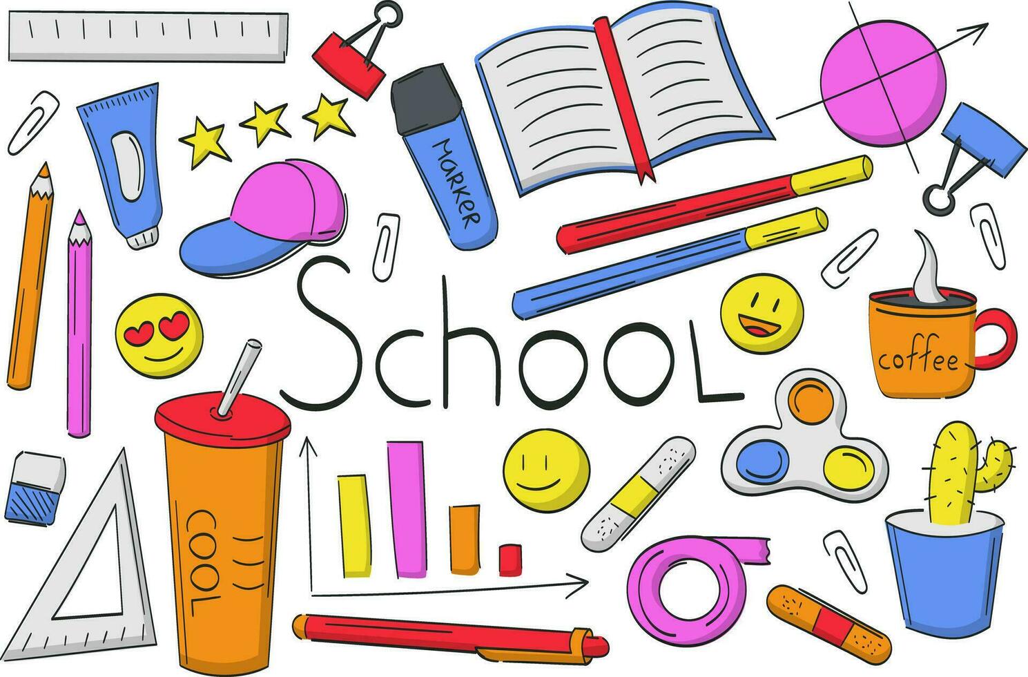 Collection of school items for study with the text School. Vector illustration