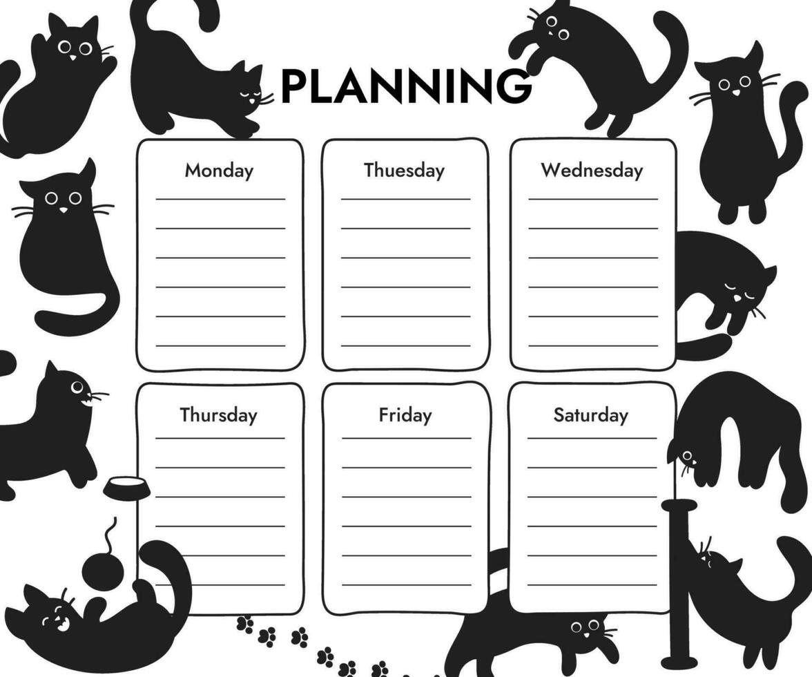 Weekly class schedule template for learning or working with funny black cats. Vector illustration