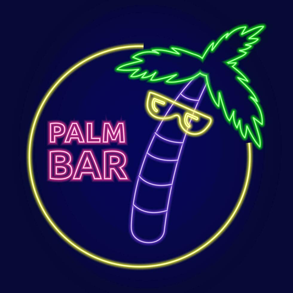 Neon illustration of a palm tree with glasses in a circle with the text Palm bar. Logo or sign for the bar vector
