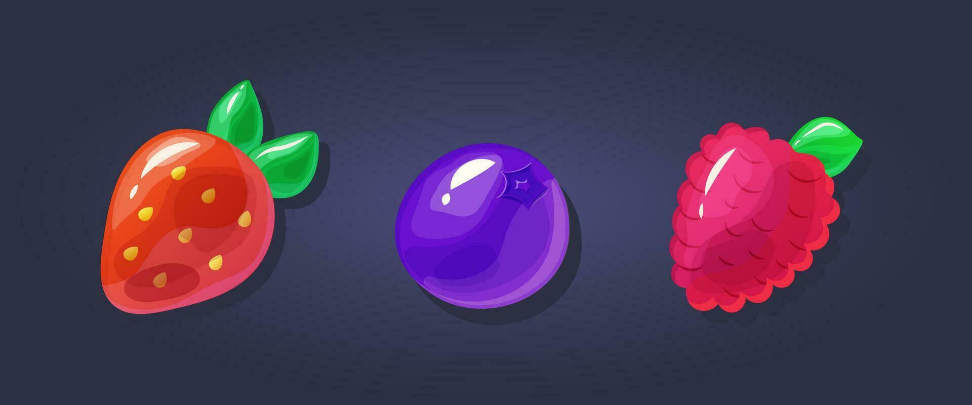 Collection of 3D illustrations of berries for game prizes. Realistic berries on a dark background vector