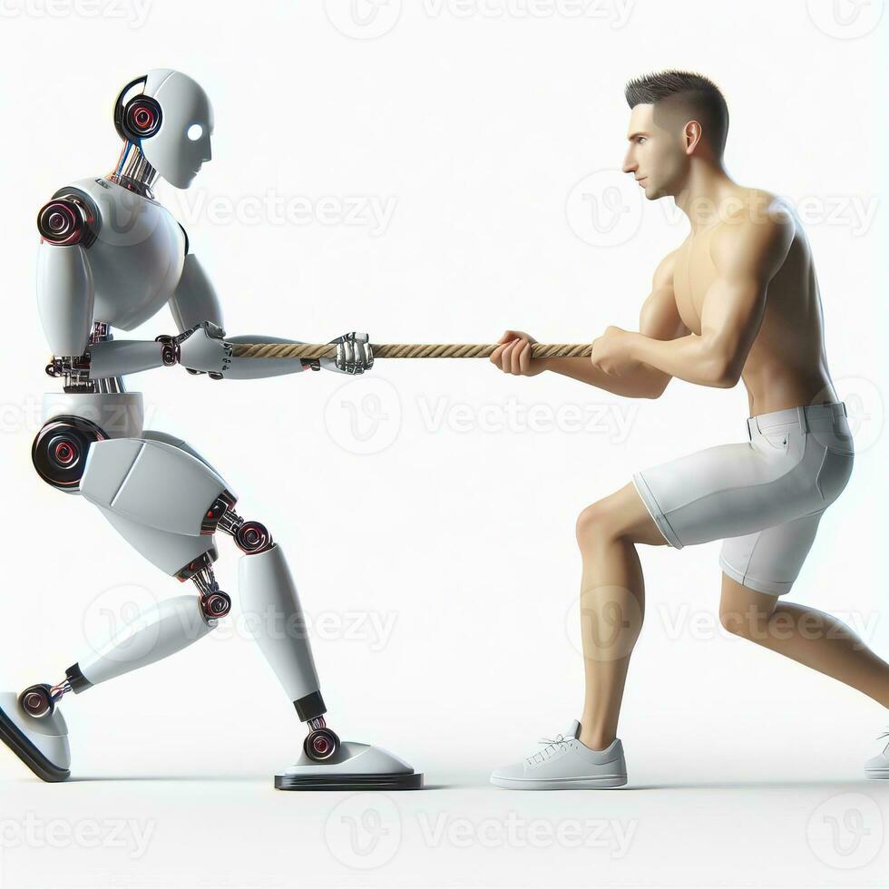 AI generated A human and a robot in a tug of war, symbolizing the struggle between man and machine on white background. photo