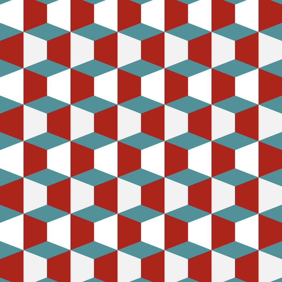 sin costura modelo diseño con cubo con geométrico cuadrícula con blanco, azul y rojo colores. vector
