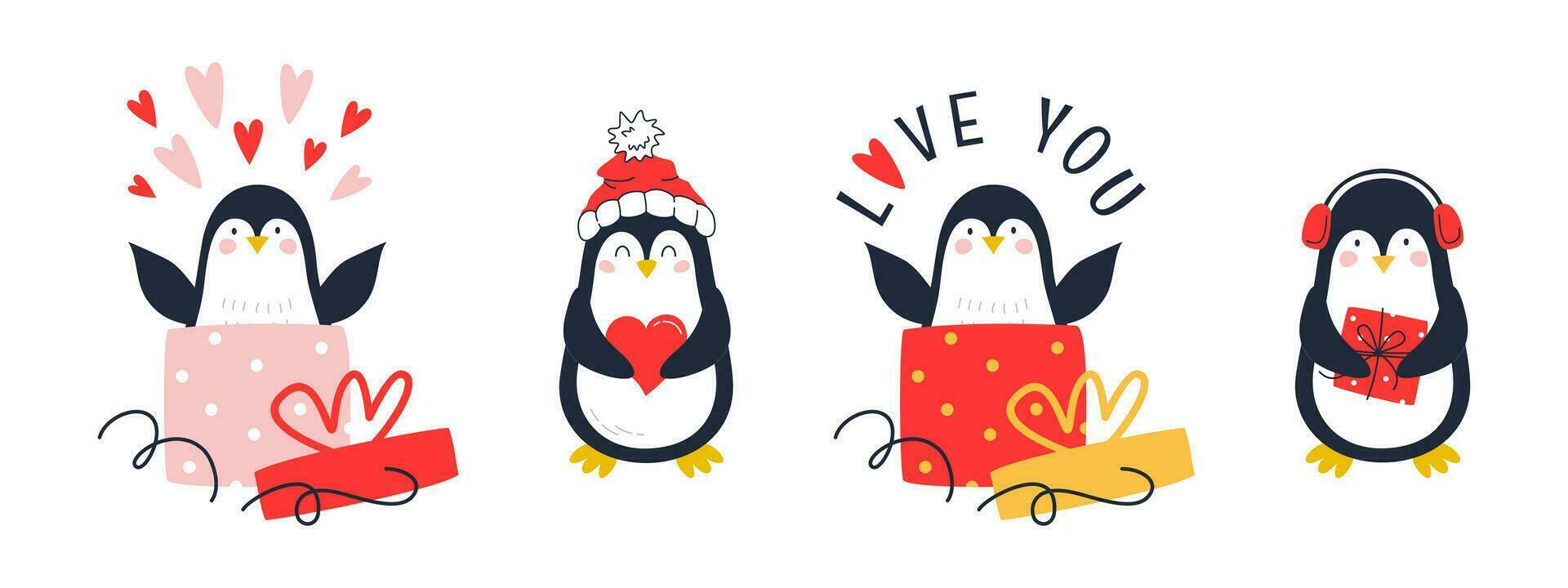 Set with cute penguins. Vector illustration isolated on white background for valentine's day and birthday.